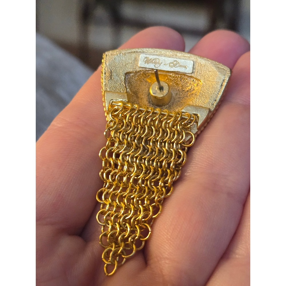 Rare Whiting&Davis Goldtone Greek Key Hammered Fringe Earrings Stunning! - Picture 5 of 6